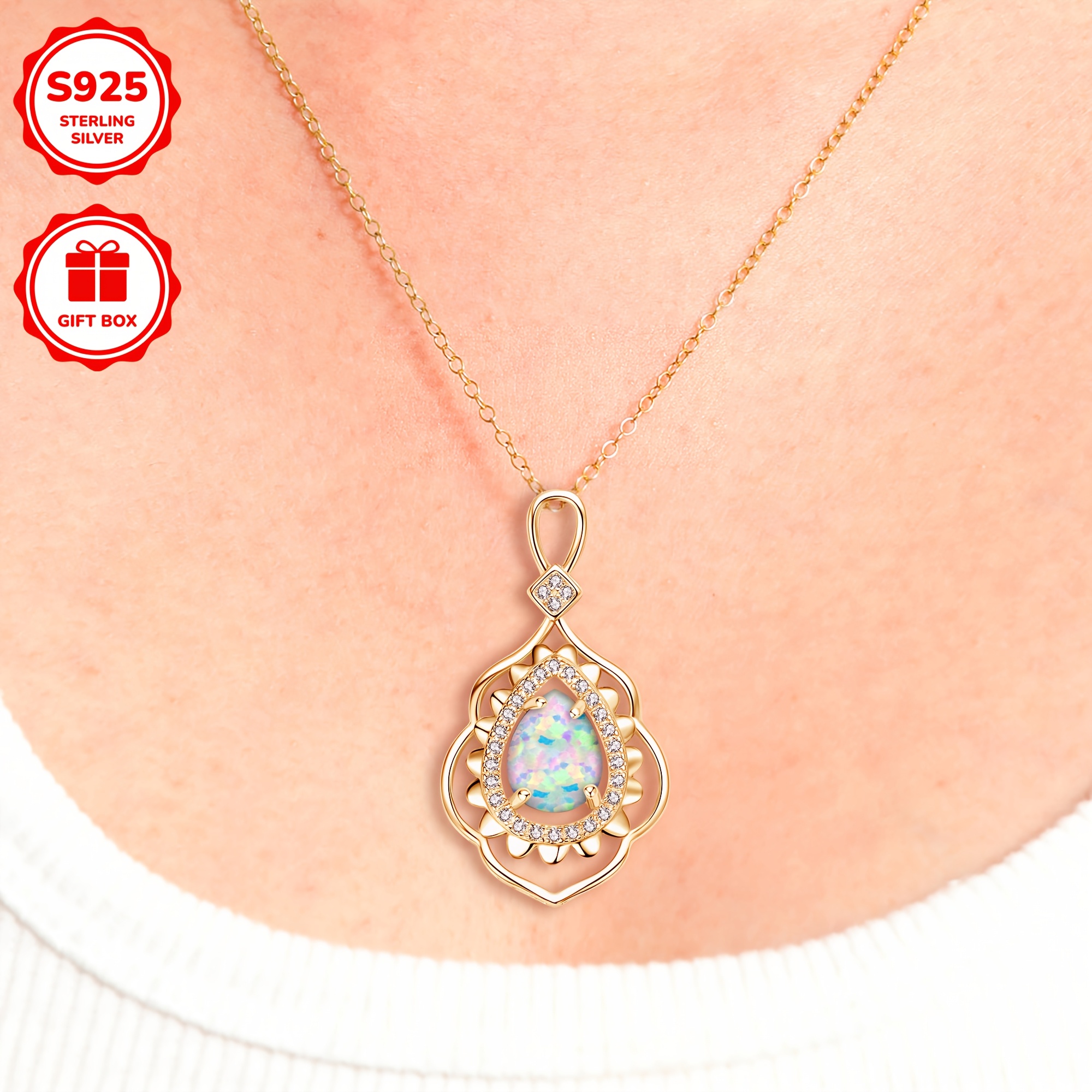 925 Silver Opal Pendant Necklace with Zirconia Studded - Bohemian Vintage Style